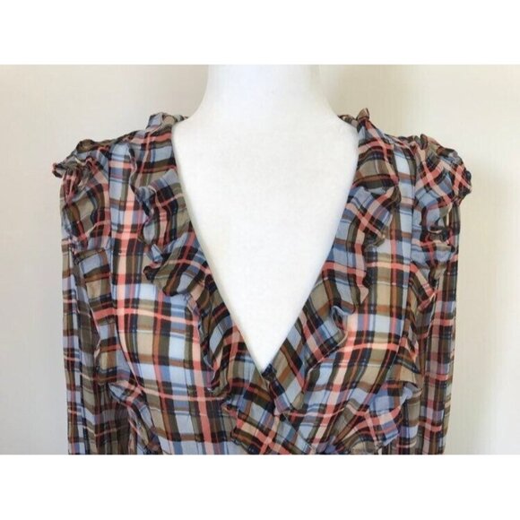 ANTHROPOLOGIE MAEVE Laila Long Sleeve Top Blouse Size 2 Plaid Chiffon Faux Wrap - Picture 3 of 10